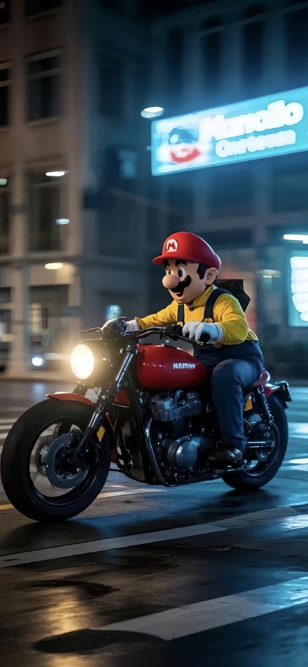 Mario Riding a Motorcycle on a City Street at Night