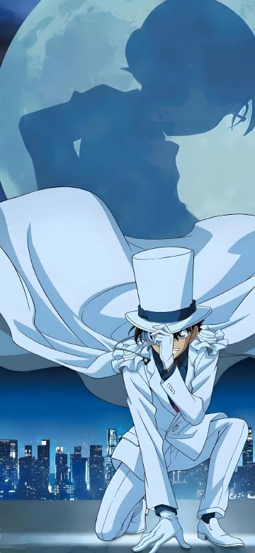 Cool Detective Conan on the roof under the full moon Phone Wallpaper
