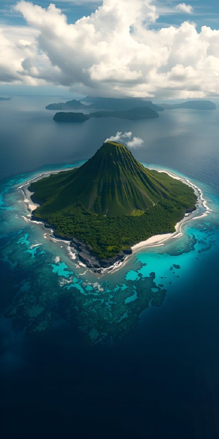 Volcanic island by coral reefs phone wallpaper