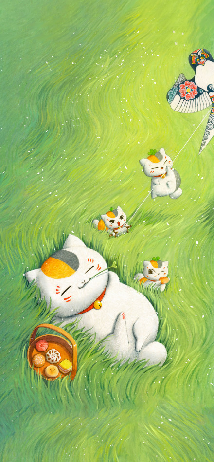 Cute Calico Cat Sleeping In A Green Grass Field 4K Illustration Wallpaper