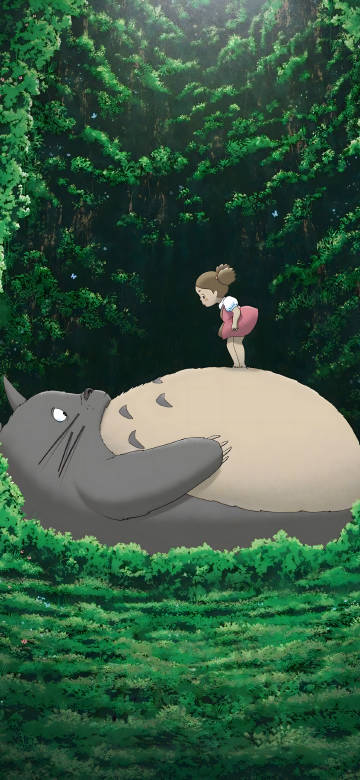 Little Girl Standing On Sleeping Totoro's Belly