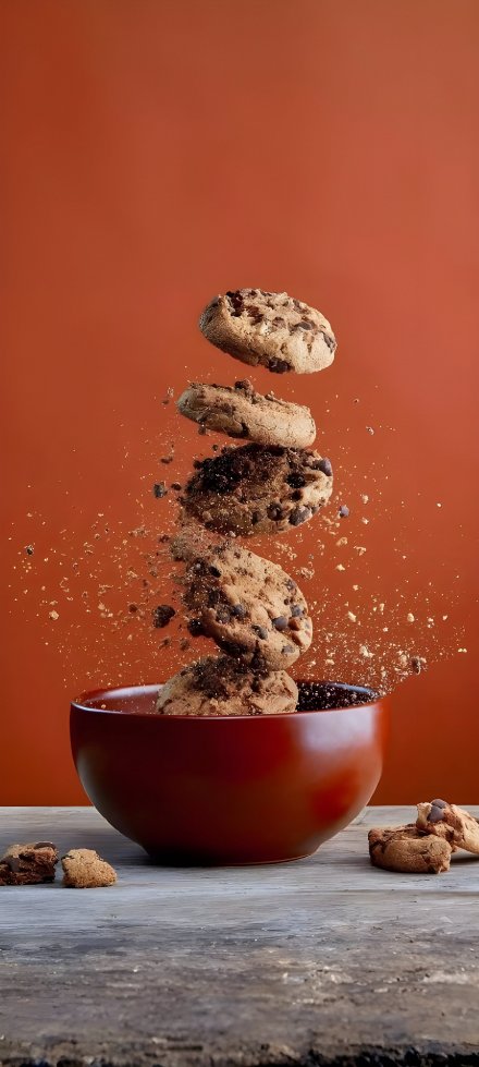 Splashing Chocolate Chip Cookies Still Life Wallpaper 4K