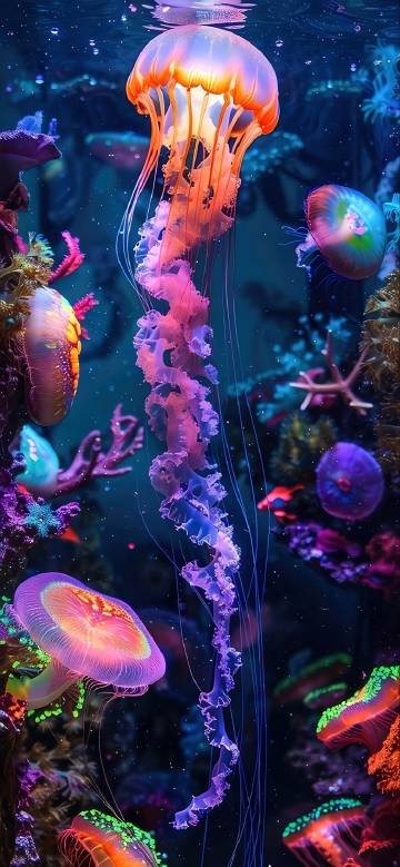 Neon Colored Jellyfish Glowing in the Dark Phone Wallpaper