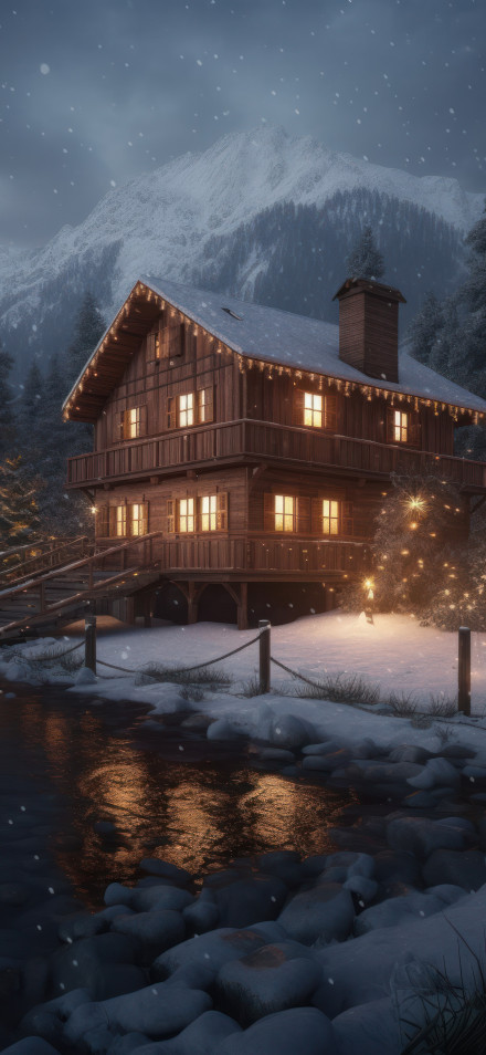 Snowy Cabin in the Mountains with Warm Lights 4K Wallpaper