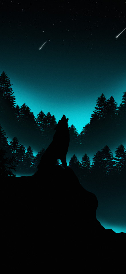 A wolf on a rock howling at the night sky