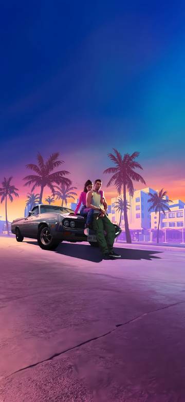 GTA 6 Lucia and Jason Leaning on a Car 4K Phone Wallpaper