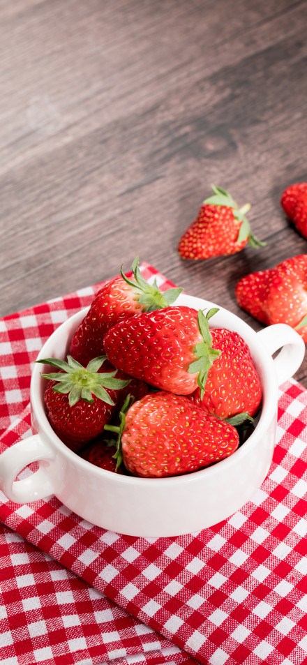 Fresh Strawberries in White Bowl on Wooden Table