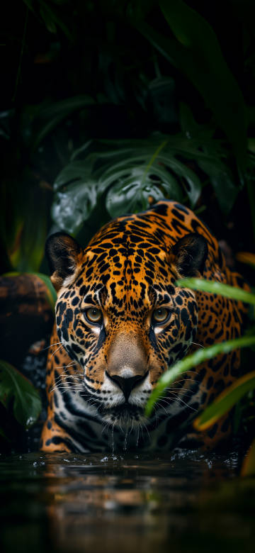 Intense Jaguar Stare in Dark Jungle Water 4K Wallpaper