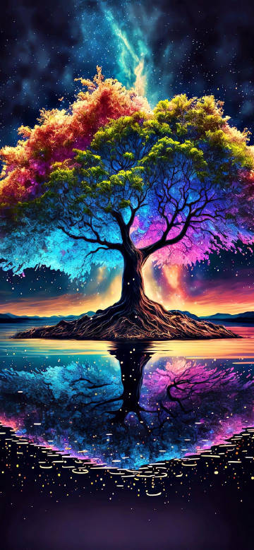 Dreamy colorful tree under the starry sky phone wallpaper