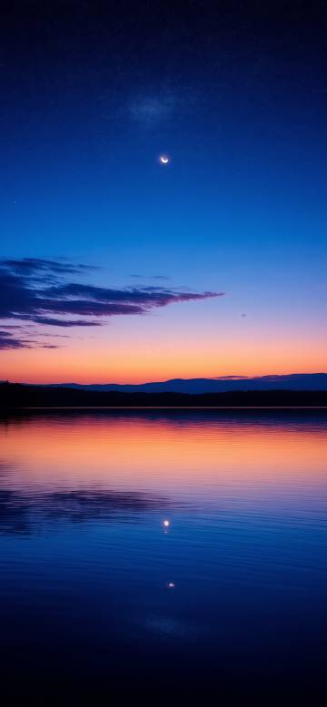 Lake under stars and crescent moon phone wallpaper