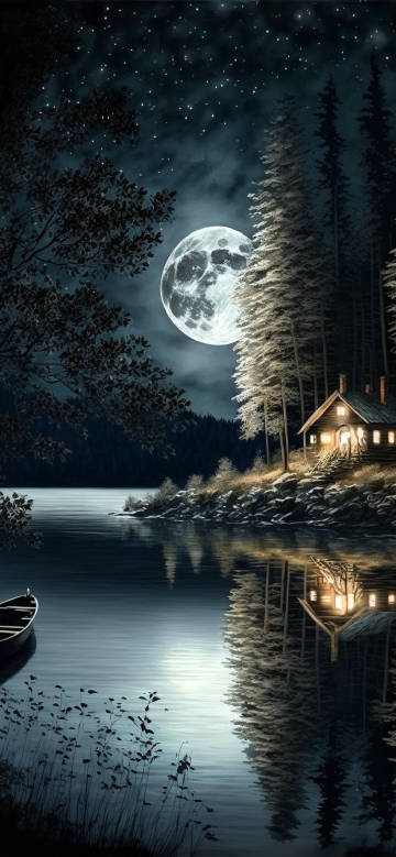 Warm wooden house under the lake and moonlight