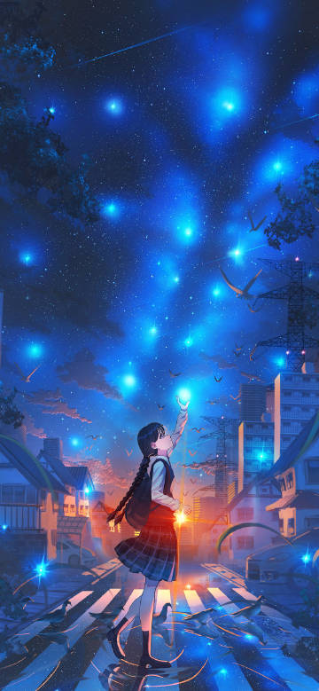Anime Girl in City with Starry Night Sky Wallpaper