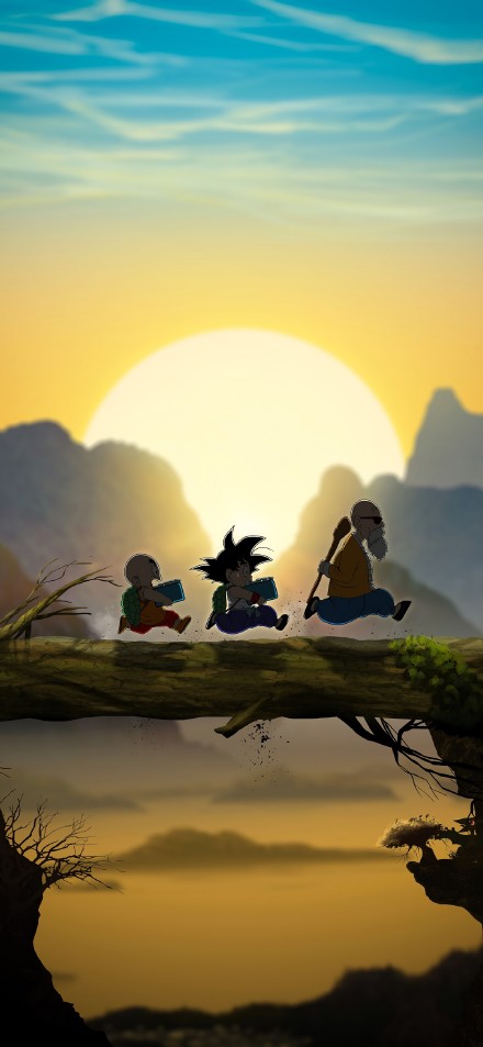 Goku, Krillin, and Master Roshi Under the Golden Sunset