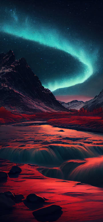 Fantasy Red Valley Under Northern Lights 4K Phone Wallpaper