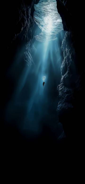 Diver Swimming Up in Deep Blue Cave 4K Phone Wallpaper