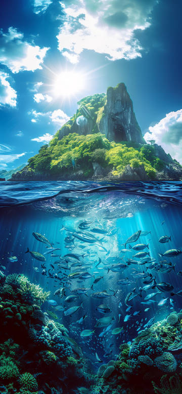 Tropical Island and Underwater Split View 4K Wallpaper