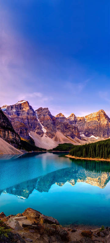 Blue Lake and Snowy Mountains Sunset View Phone Wallpaper