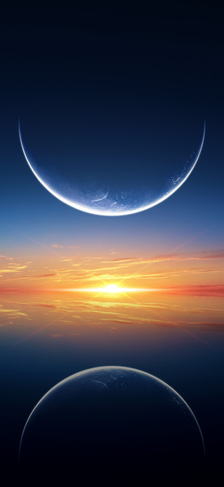 Two Crescent Planets Over A Golden Sunset 7K Wallpaper