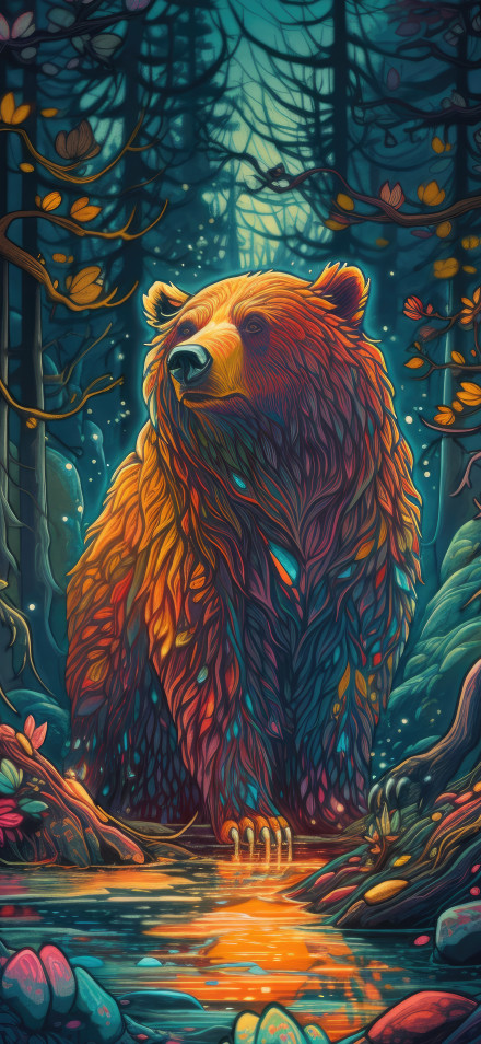 Bear in the Enchanted Forest 4K Illustration Wallpaper