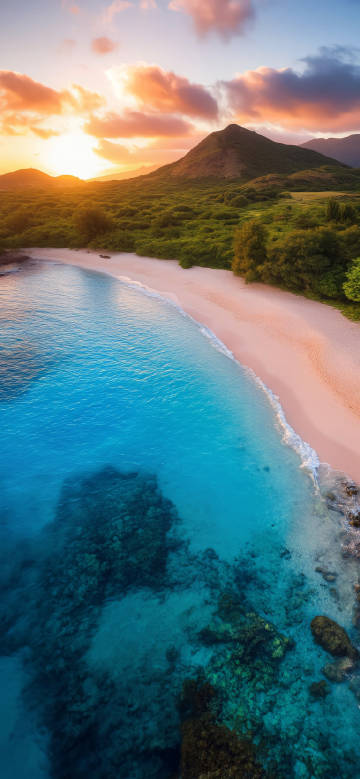 Tropical Paradise at Sunset: Beach, Vegetation, and Warm Glow