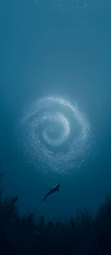Dolphin Swimming Under A School Of Fish 4K Wallpaper