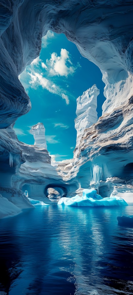 Glacier Cave with Blue Ice Lake 4K Phone Wallpaper