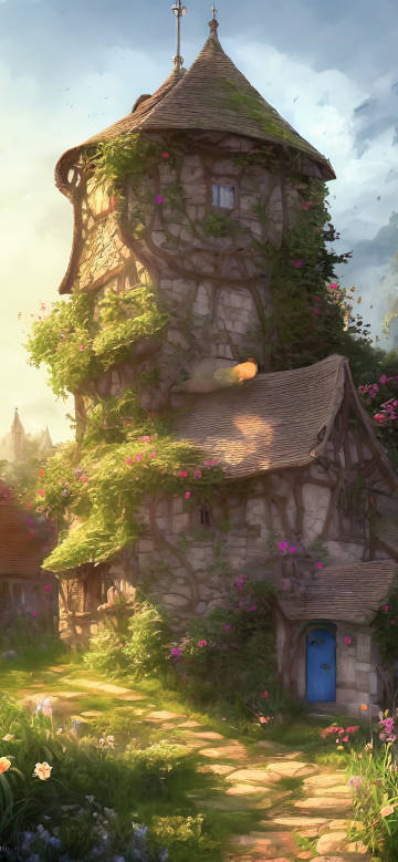 A stone tower lodge covered in greenery and flowers