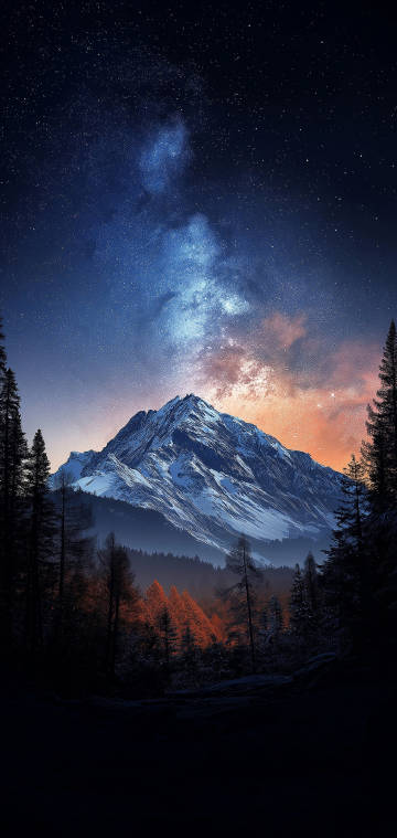 Dark Forest and Peak Under Starry Night Sky Wallpaper