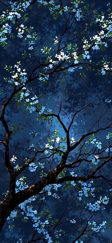 iOS 26 Wallpaper: White Blossoms on Branches with Dark Blue Background