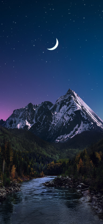 Serene night with moon and mountains phone wallpaper