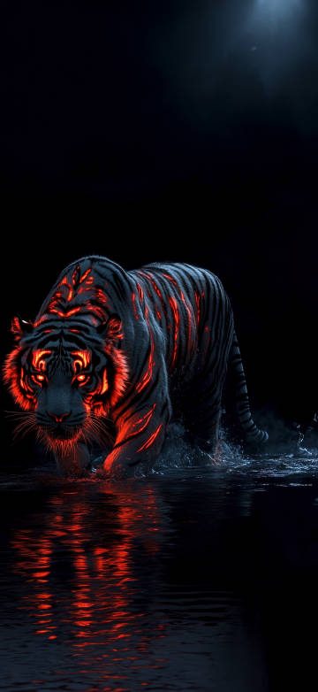 A flaming tiger walking on water in the dark