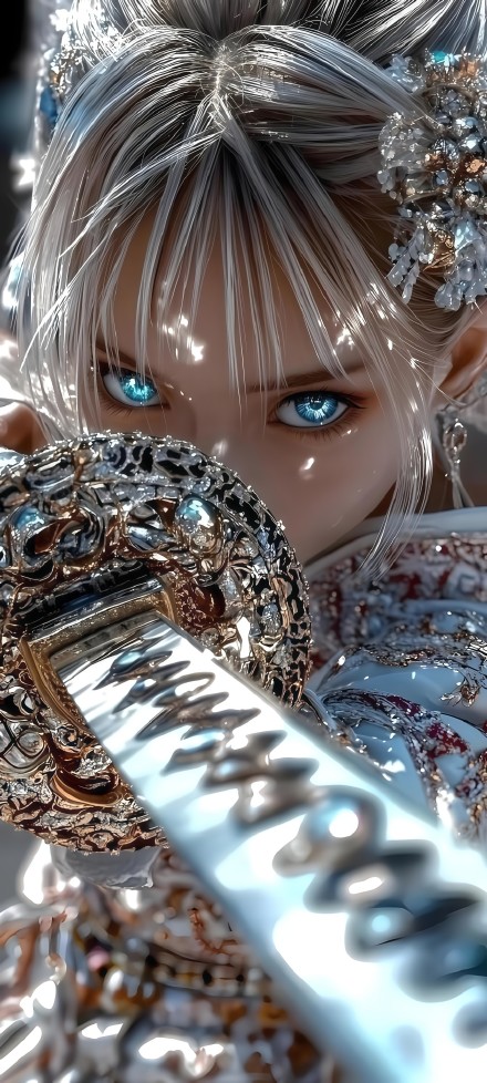 Ancient girl in gorgeous clothes holding exquisite weapons phone wallpaper