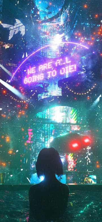 Girl's silhouette under cyberpunk city phone wallpaper