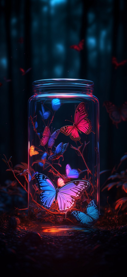 Magical Glowing Butterflies in a Jar 4K Wallpaper