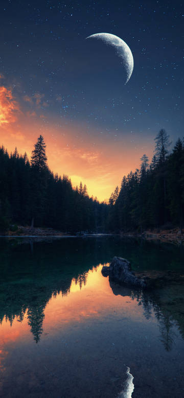 Forest reflected in the lake at sunset and the beautiful starry sky