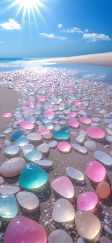 Colorful pebbles on the beach under sunlight phone wallpaper