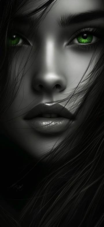 Girl with green eyes on dark background phone wallpaper