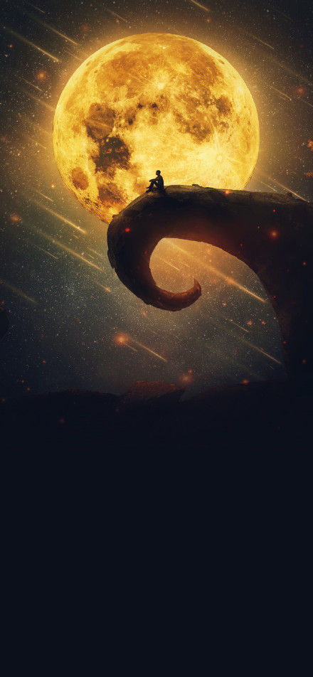 Lone Person Sitting Under A Giant Golden Moon HD Wallpaper