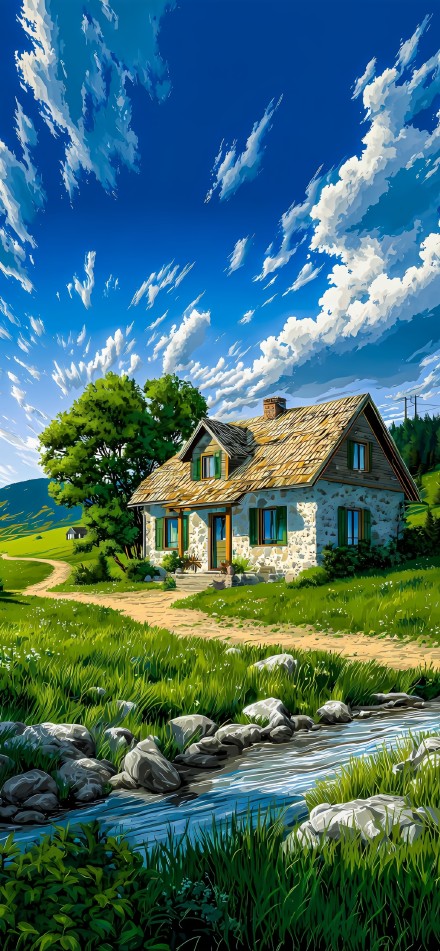 Cozy Stone Cottage In Sunny Meadow 4K Phone Wallpaper