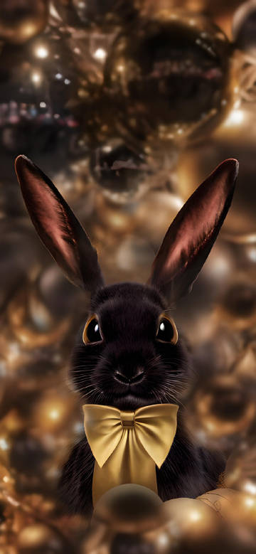 Black rabbit wearing a gold bow tie wallpaper