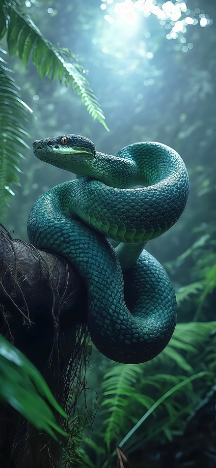 Anaconda perched on a tree in the forest phone wallpaper