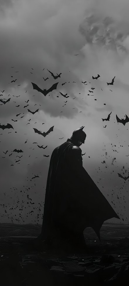 Dark Knight Standing in Bat Storm 4K Phone Wallpaper