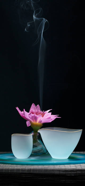 Pink lotus white cup black background phone wallpaper