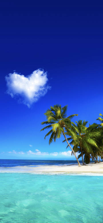 Tropical beach scenery under blue sky and heart clouds phone wallpaper