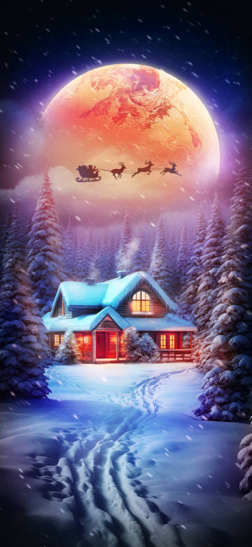 Christmas Sleigh Flying Over Snowy Cabin Under Full Moon Wallpaper 4K