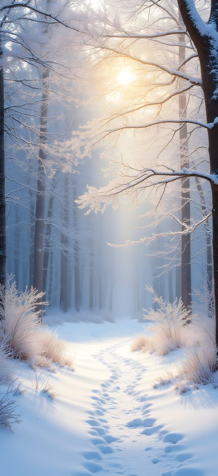 Snowy Path in a Winter Forest with Sunlight 4K Wallpaper