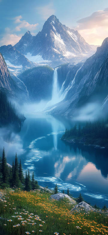 Beautiful view of waterfall and lake under snow-capped mountains