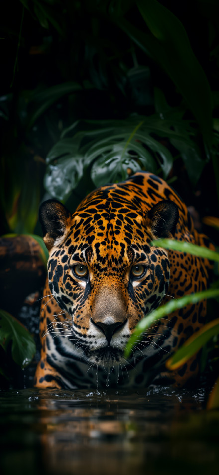 Intense Jaguar Stare in Dark Jungle Water 4K Wallpaper