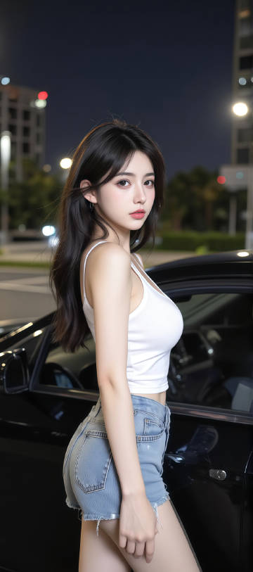 Fashionable energetic girl wearing blue denim shorts