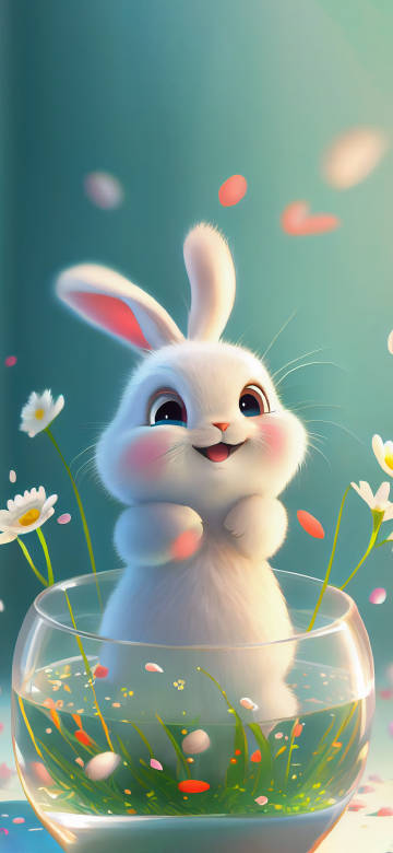Happy rabbit in the glass container 4k phone wallpaper